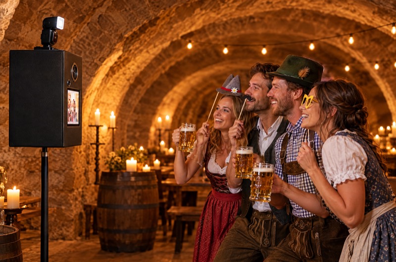 Freunde im Gewölbekeller posieren mit Bierkrügen vor der Fotobox