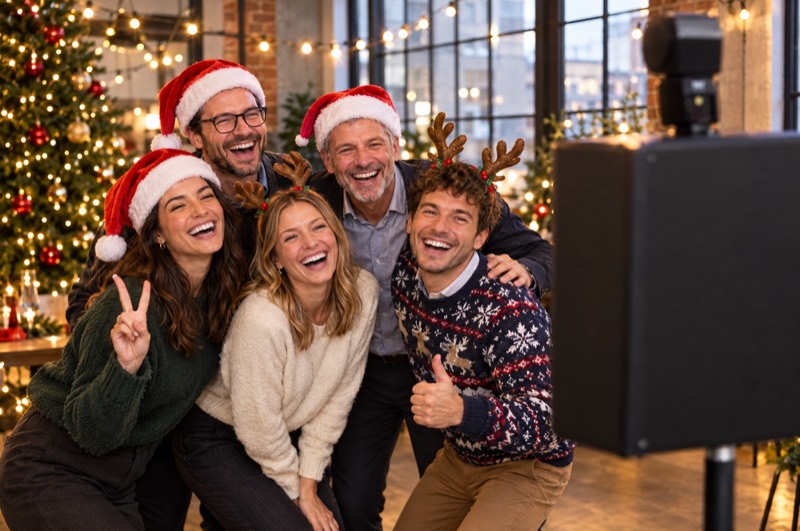 Kolleginnen und Kollegen mit Weihnachtsmützen vor der Fotobox auf der Weihnachtsfeier