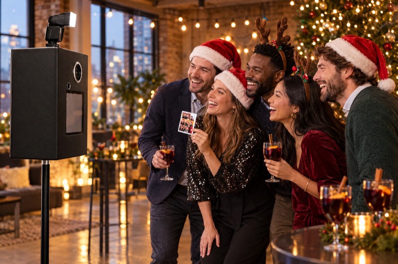 Team mit Glühwein und Weihnachtsmützen posiert vor der Fotobox