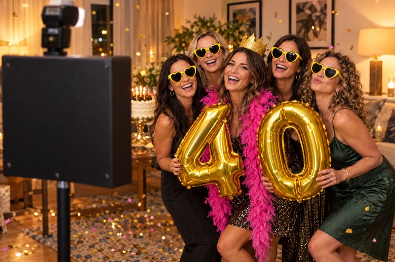Freundinnen feiern den 40. Geburtstag mit Ballons vor der Fotobox