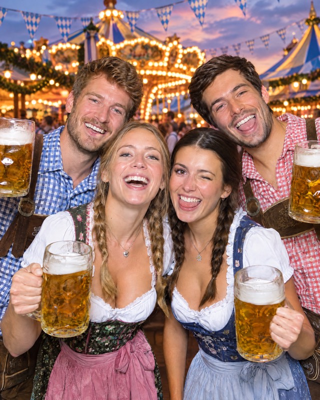 Greenscreen nachher: dieselbe Gruppe vor einer Wiesn-Kulisse