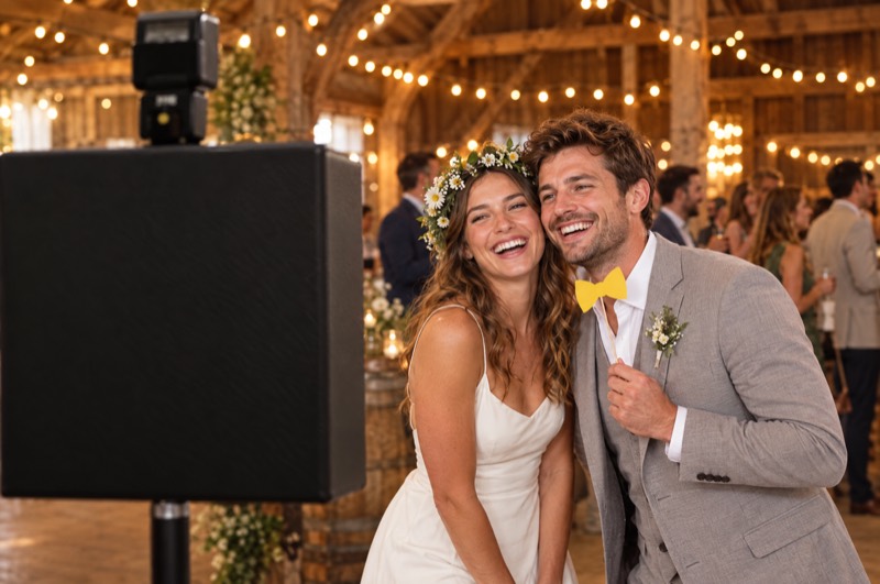Brautpaar posiert mit Requisiten vor der Fotobox in einer Hochzeitsscheune