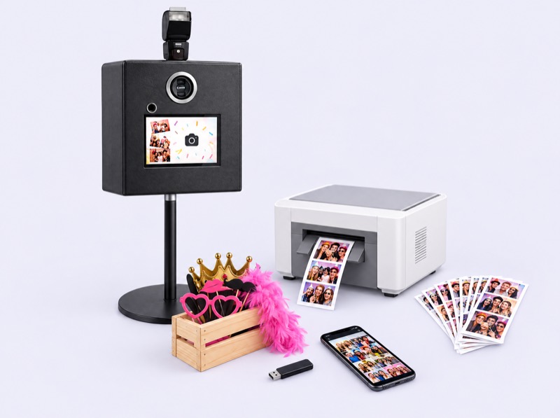 Paket Direktdruck: Fotobox mit Sofortdrucker, Prints, Requisiten, USB-Stick und Online-Galerie